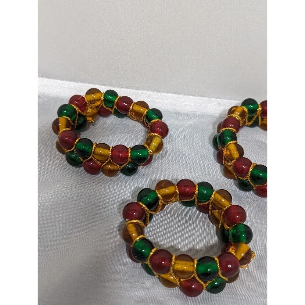 Amber Colored Red Green Gold Beaded Wire Set of 3 Napkin Rings